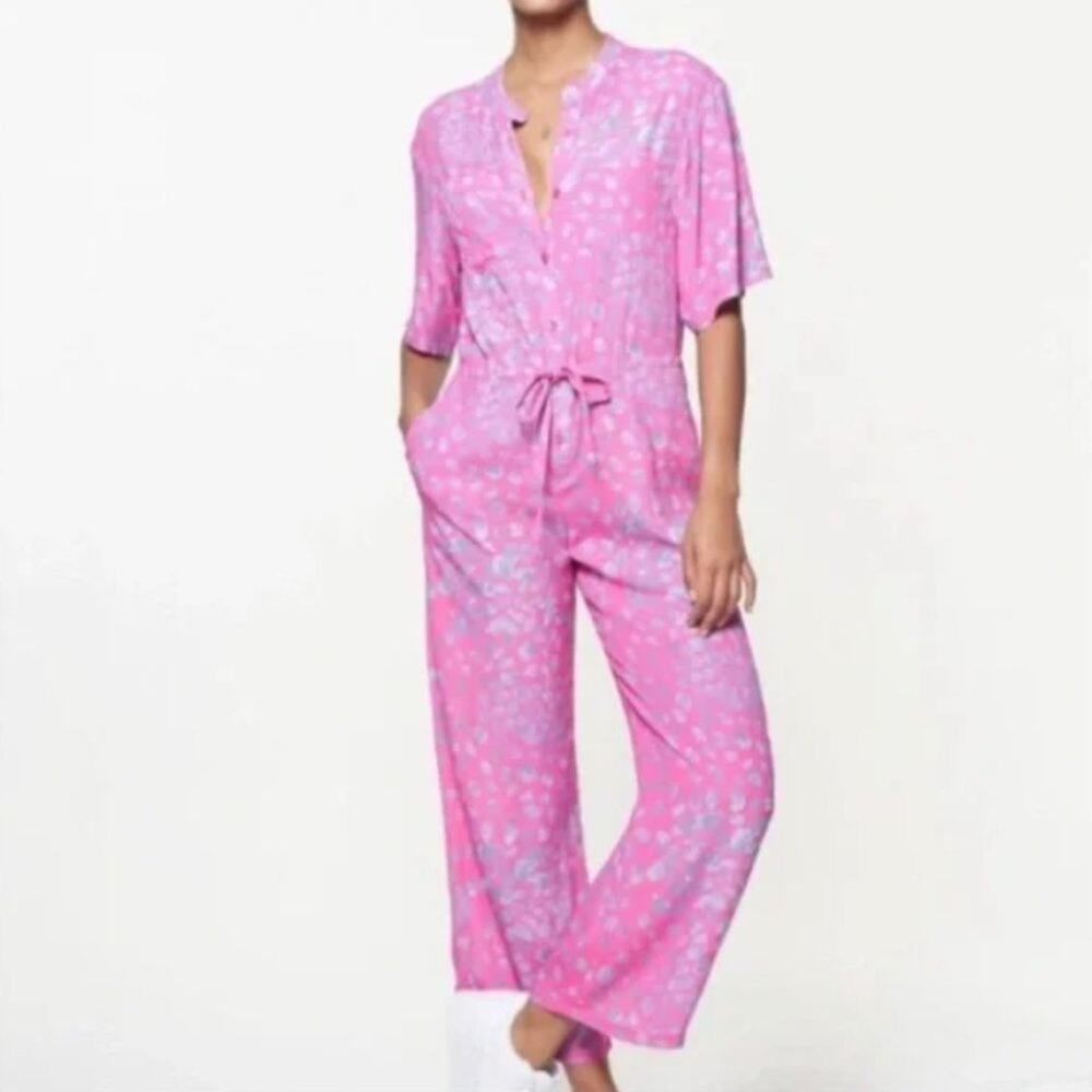 Pink Floral Short-Sleeve Tie-Waist Jumpsuit